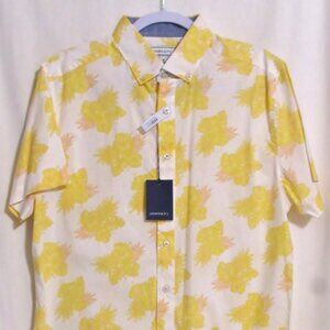 New Men's CROWN & IVY Yellow & Pink Leaves Cotton Stretch Button Down Shirt M